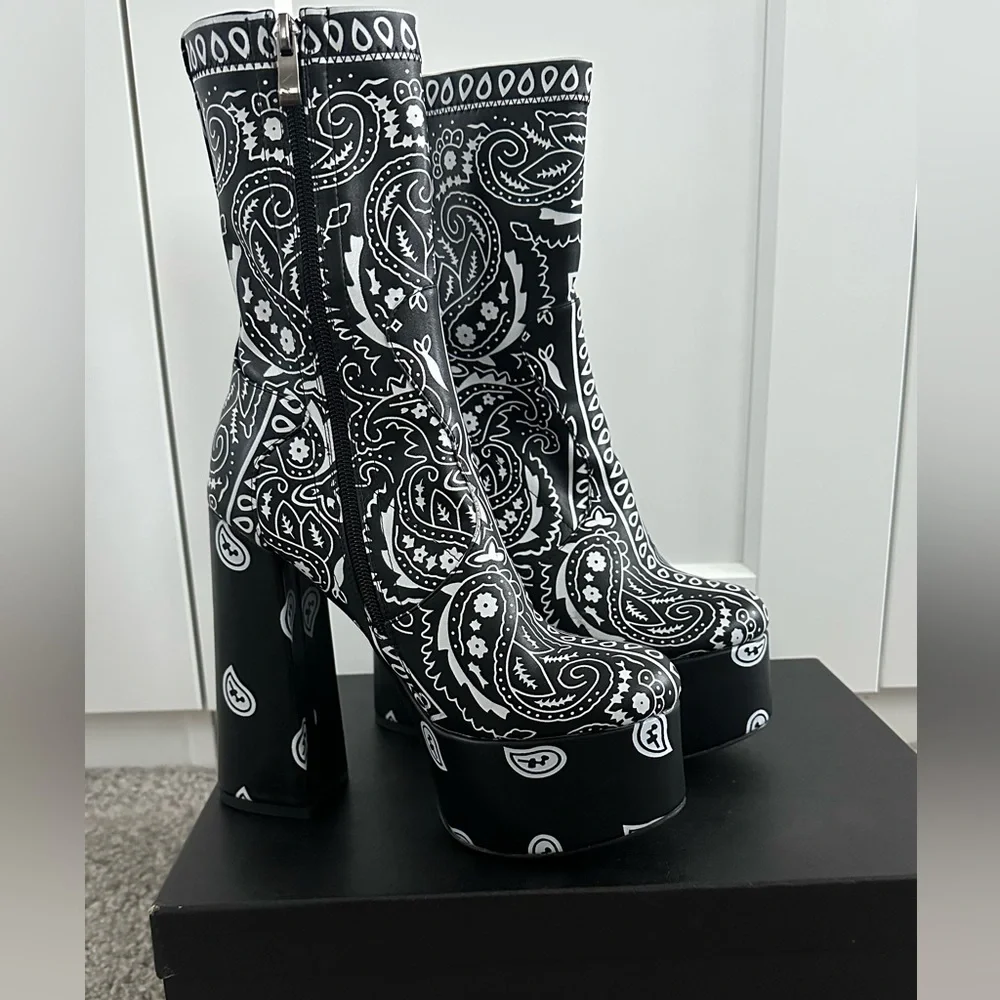 Black Paisley Platform Booties - Women's High Block Heels